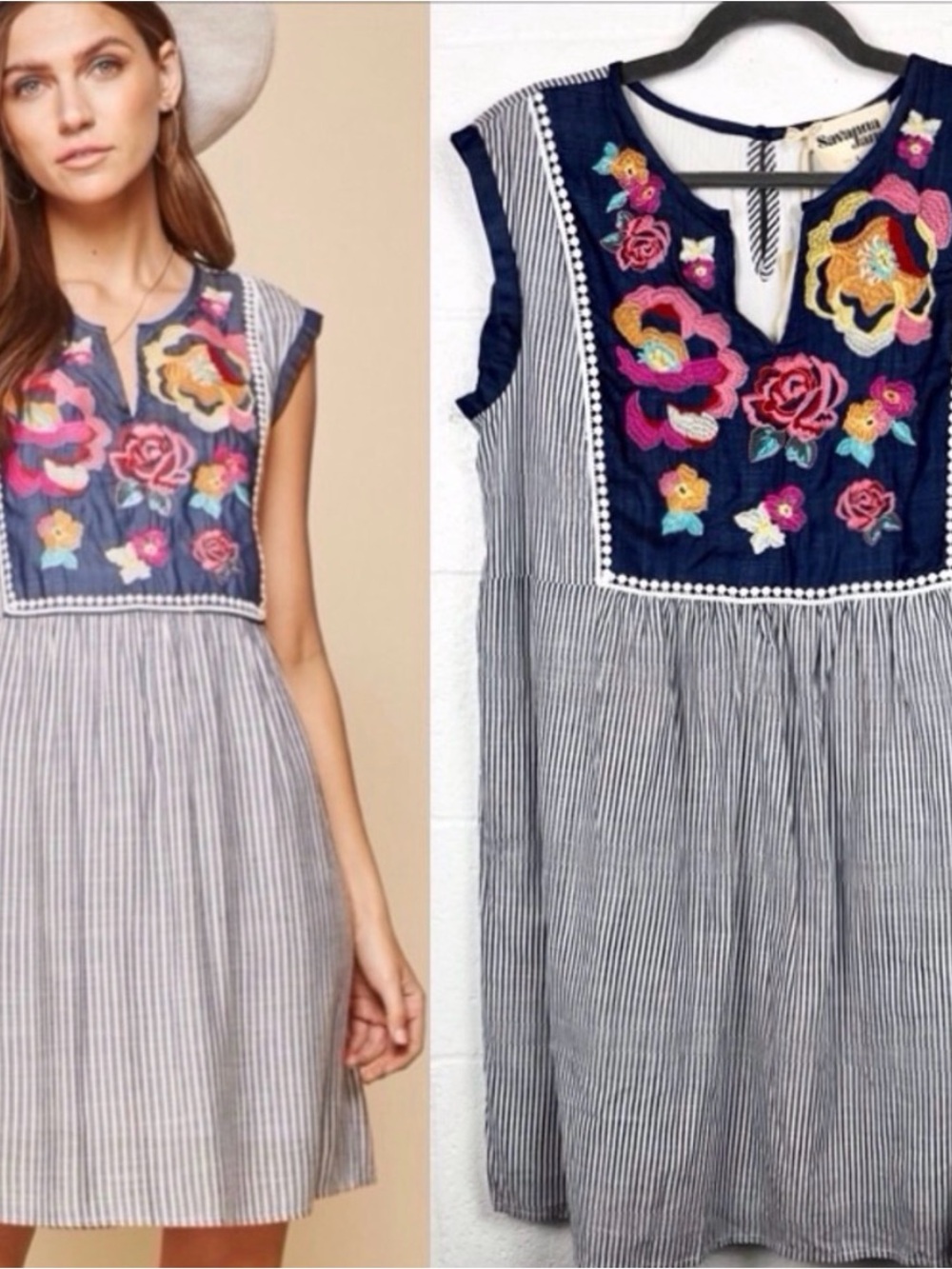 Savanna Jane Embroidered Floral Navy Yoke Striped Sleeveless Dress